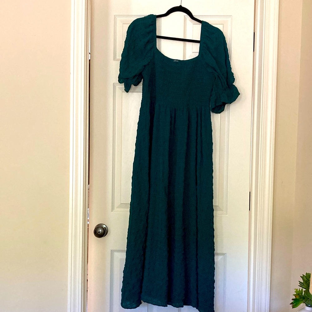 Hunter green, empire waist, ankle-length dress